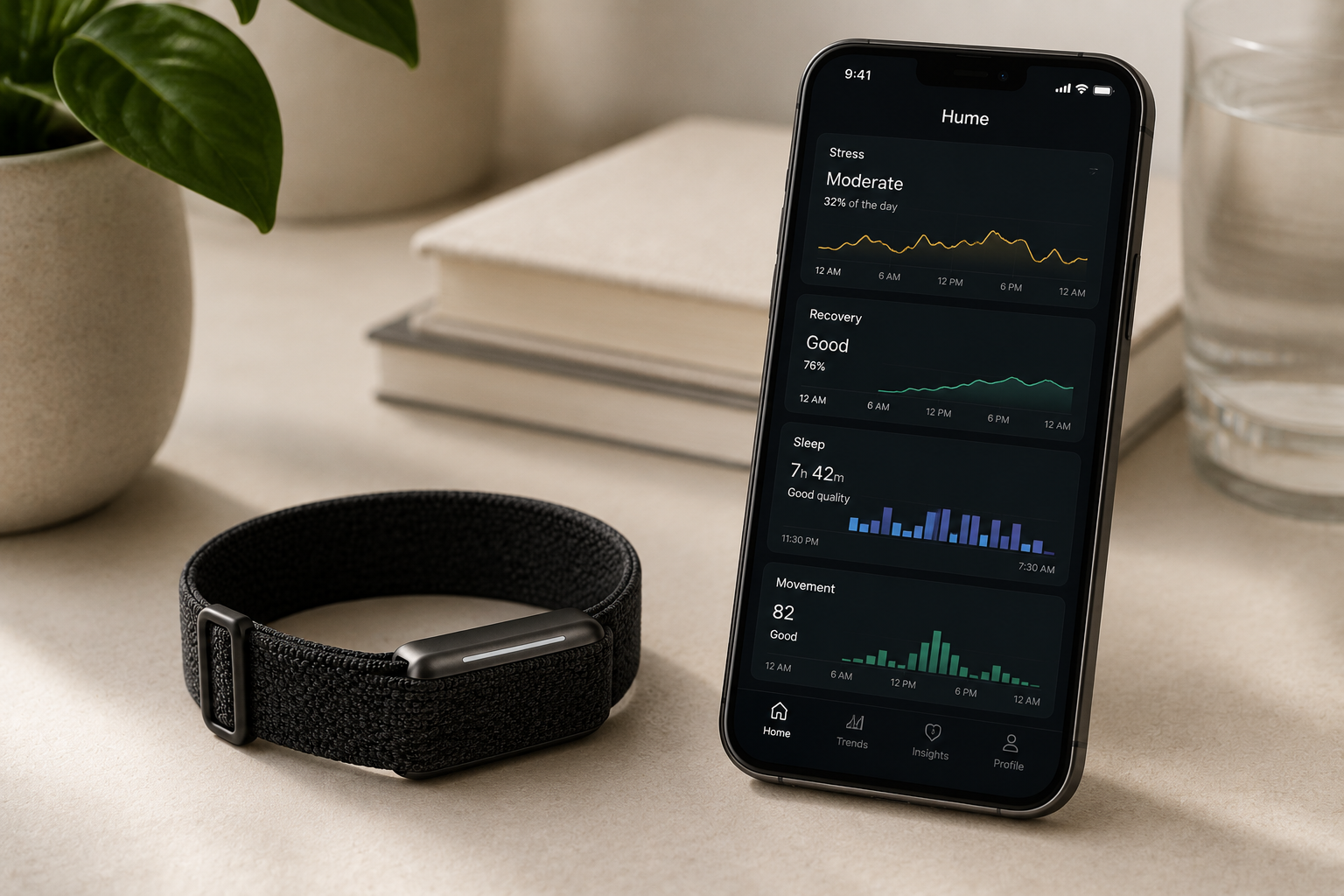 The wearable device shown alongside a smartphone displaying its health metrics dashboard